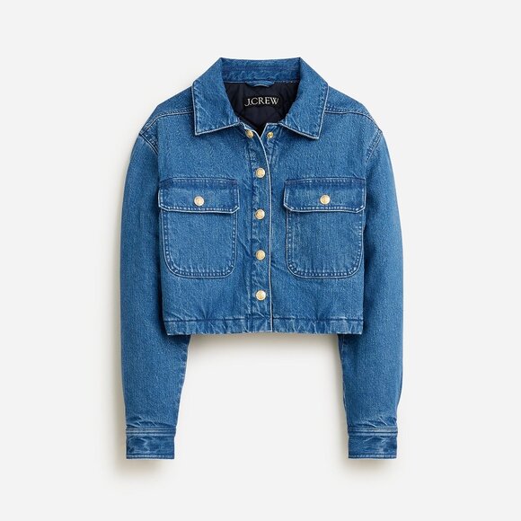 J. Crew Cropped Denim Puffer Jacket size M medium warm quilted lining blue jean - Picture 4 of 12